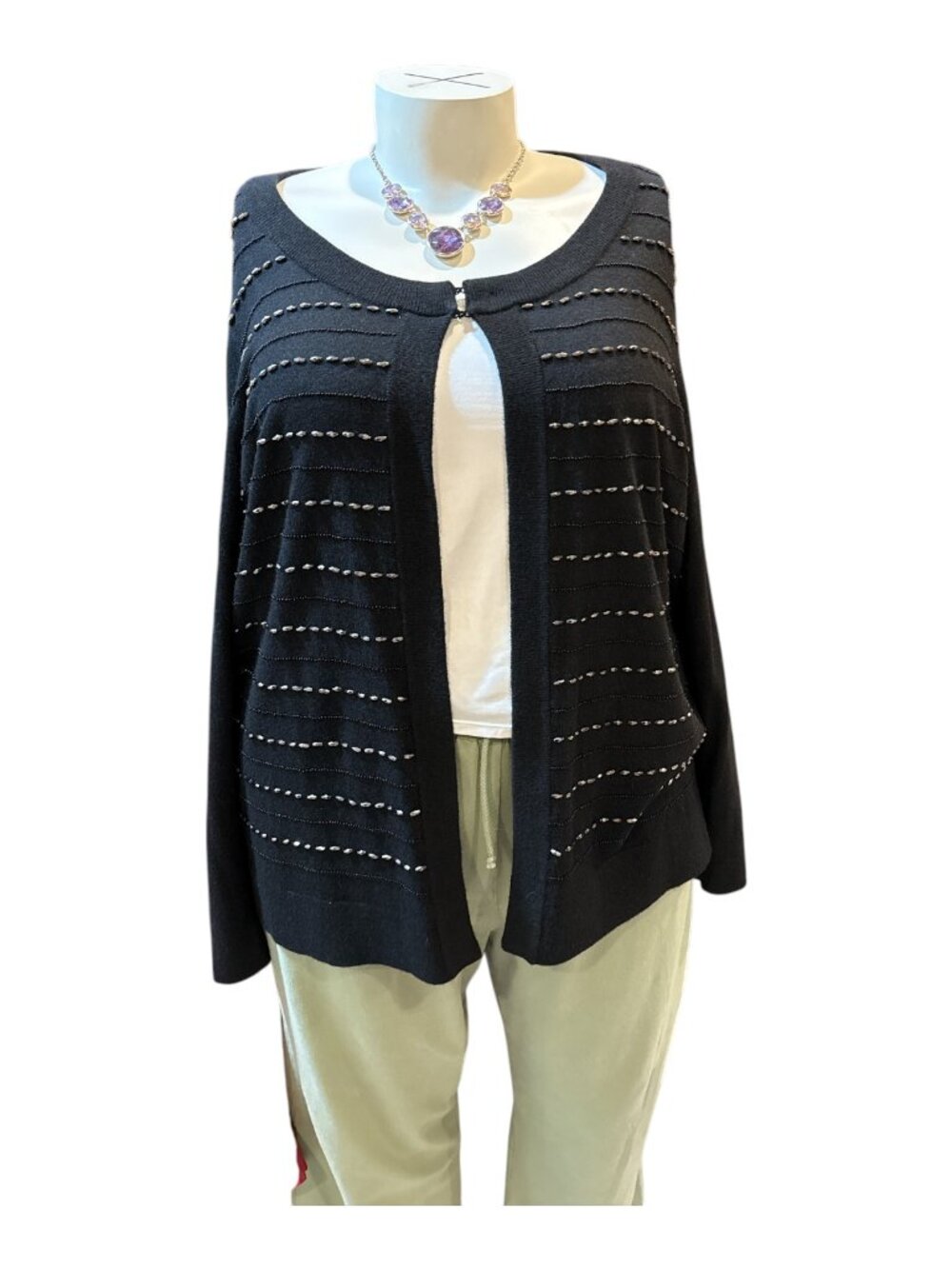 Talbots Sz 3X Black Beaded Semi-Open Front Lambs Wool Blend Cardigan Sweater